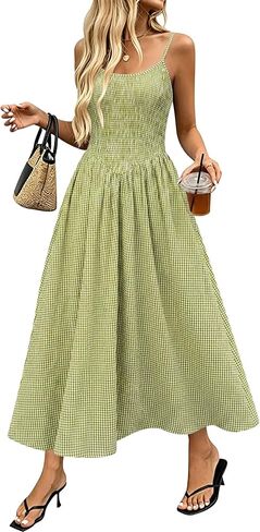 Relipop Women's Summer Midi Dresses 2026 Casual Plaid Sleeveless Spaghetti Strap Smocked Tiered Beach Sundress & Pockets in Saudi Arabia