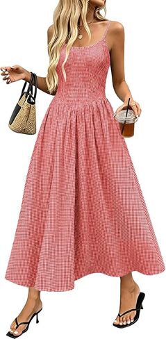 Relipop Women's Summer Midi Dresses 2026 Casual Plaid Sleeveless Spaghetti Strap Smocked Tiered Beach Sundress & Pockets in Saudi Arabia