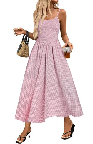 Relipop Women's Summer Midi Dresses 2026 Casual Plaid Sleeveless Spaghetti Strap Smocked Tiered Beach Sundress & Pockets in Saudi Arabia