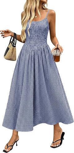 Relipop Women's Summer Midi Dresses 2026 Casual Plaid Sleeveless Spaghetti Strap Smocked Tiered Beach Sundress & Pockets in Saudi Arabia