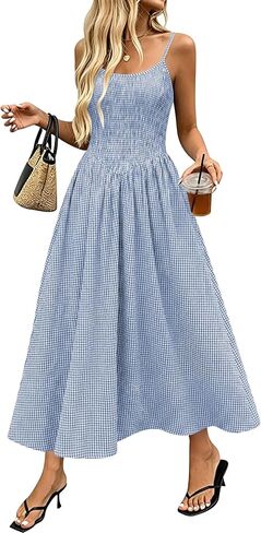 Relipop Women's Summer Midi Dresses 2026 Casual Plaid Sleeveless Spaghetti Strap Smocked Tiered Beach Sundress & Pockets in Saudi Arabia
