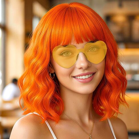 Light Purple Wavy Curly Bob Wig with Heart Sunglasses for Women, 14 Inch Colored Neon Fun Party Curly Synthetic Wigs Hair Cap for Cosplay Halloween Costume Bachelorette Party Music Festival in Kuwait