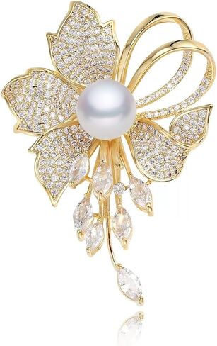 Golden Pearl Flower Brooch for Women, Crystal Floral Pin with Dangle Rhinestones, Elegant Wedding Dress Scarf Coat Brooch, Fashion Jewelry Accessory in Kuwait