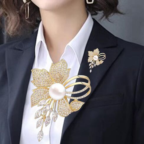 Golden Pearl Flower Brooch for Women, Crystal Floral Pin with Dangle Rhinestones, Elegant Wedding Dress Scarf Coat Brooch, Fashion Jewelry Accessory in Kuwait
