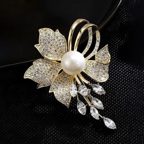 Golden Pearl Flower Brooch for Women, Crystal Floral Pin with Dangle Rhinestones, Elegant Wedding Dress Scarf Coat Brooch, Fashion Jewelry Accessory in Kuwait