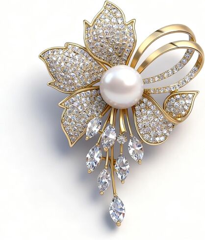 Golden Pearl Flower Brooch for Women, Crystal Floral Pin with Dangle Rhinestones, Elegant Wedding Dress Scarf Coat Brooch, Fashion Jewelry Accessory in Kuwait