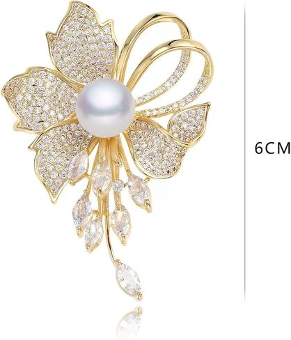 Golden Pearl Flower Brooch for Women, Crystal Floral Pin with Dangle Rhinestones, Elegant Wedding Dress Scarf Coat Brooch, Fashion Jewelry Accessory in Kuwait