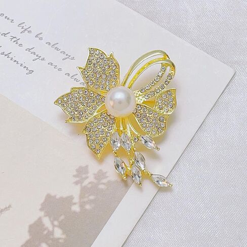 Golden Pearl Flower Brooch for Women, Crystal Floral Pin with Dangle Rhinestones, Elegant Wedding Dress Scarf Coat Brooch, Fashion Jewelry Accessory in Kuwait