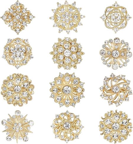 12Pcs Crystal Rhinestone Flower Brooch Pins Set, Gold Alloy Wedding Bouquet Brooches For Women Fashion Crafts Embellishment Bridal Accessories in Saudi Arabia