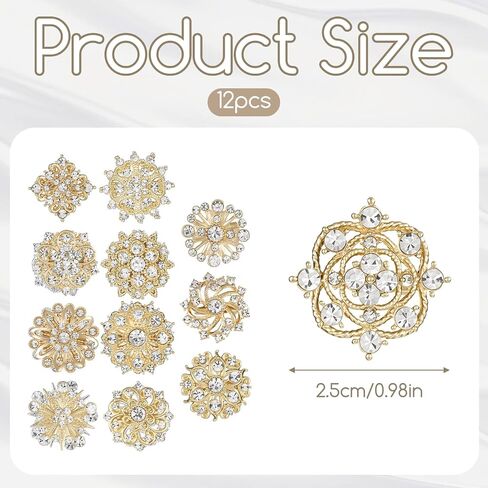 12Pcs Crystal Rhinestone Flower Brooch Pins Set, Gold Alloy Wedding Bouquet Brooches For Women Fashion Crafts Embellishment Bridal Accessories in Saudi Arabia