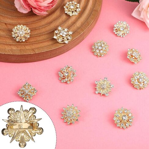 12Pcs Crystal Rhinestone Flower Brooch Pins Set, Gold Alloy Wedding Bouquet Brooches For Women Fashion Crafts Embellishment Bridal Accessories in Saudi Arabia