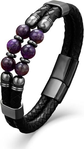 Mens Turquoise/Lapis Lazuli/Tiger Eye/Black Agate/Obsidian Leather Braided Bracelets for Father's Day/Birthdays/Graduation Jewelry Wristband Cuff Bracelet with Stainless Steel Clasp in Saudi Arabia