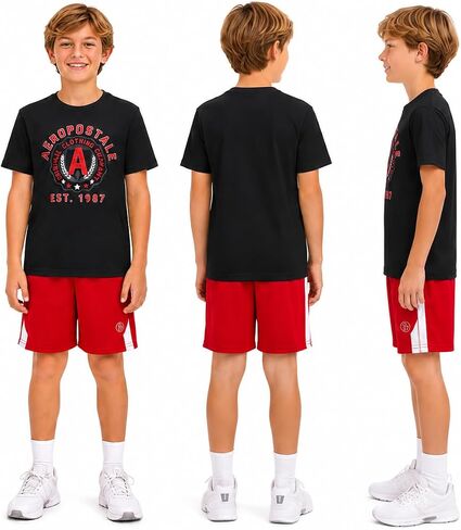 AEROPOSTALE Boys Shorts Set - 2 Piece Lightweight Short Sleeve Jersey T-Shirt and Mesh Shorts for Boys (Sizes: 8-12) in Kuwait