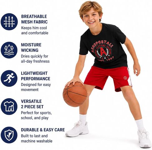 AEROPOSTALE Boys Shorts Set - 2 Piece Lightweight Short Sleeve Jersey T-Shirt and Mesh Shorts for Boys (Sizes: 8-12) in Kuwait