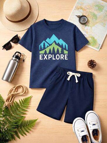 2 pack Outfits, Kids Explore Mountain Graphic T-Shirt & Shorts Set for Boys 4-12Y, Casual Summer Clothes for Boys in Kuwait
