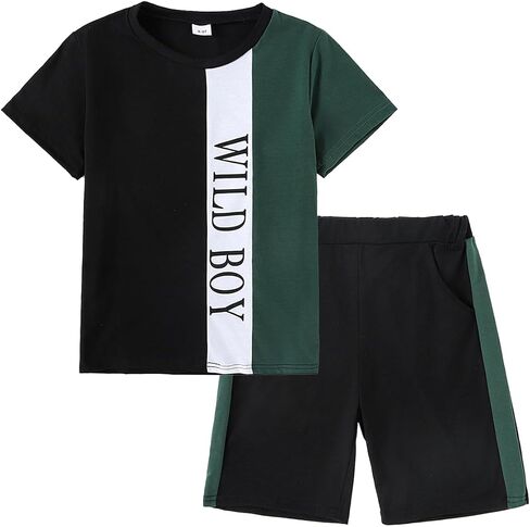 Boys Clothes Summer Striped Short Sleeve Letter Print T-Shirt + Shorts 2 Pieces Set, Sizes 7-14 Years in Saudi Arabia