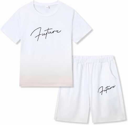 Boys Clothes Summer Striped Short Sleeve Letter Print T-Shirt + Shorts 2 Pieces Set, Sizes 7-14 Years in Saudi Arabia