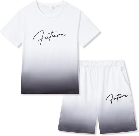 Boys Clothes Summer Striped Short Sleeve Letter Print T-Shirt + Shorts 2 Pieces Set, Sizes 7-14 Years in Saudi Arabia