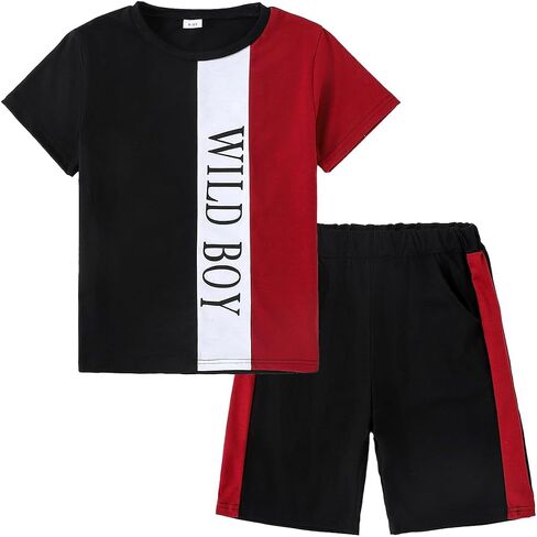 Boys Clothes Summer Striped Short Sleeve Letter Print T-Shirt + Shorts 2 Pieces Set, Sizes 7-14 Years in Saudi Arabia