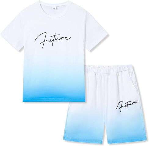 Boys Clothes Summer Striped Short Sleeve Letter Print T-Shirt + Shorts 2 Pieces Set, Sizes 7-14 Years in Saudi Arabia