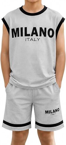 Boys Summer Shorts Set, 2 Piece Graphic Tee and Athletic Shorts, Cotton Blend Activewear for Kids 7-14 in Kuwait