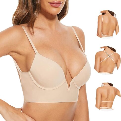 Low Back Bras-Seamless Deep-V Plunge Invisible Backless Bra-Underwire Lightly Lined Halter Multiway Low Cut Bra in Kuwait