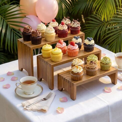 ZUJJAFY Set of 3, Acacia Wood Risers Display Stands, Cupcake Stand Decorative Display Risers for Food Desserts, Tiered Wooden Riser Display Stands for Vendor Events, Party, Wedding in Saudi Arabia
