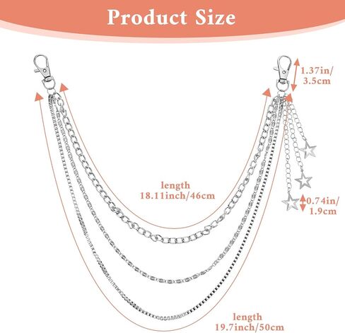 حزام سلسلة Sibba bba Punk Jean للرجال والنساء، سلسلة سراويل ذات طبقات مع سحر نجمة وشرابة، 17.51 ​​سم سلاسل خصر معدنية فضية الهيب هوب القوطي ملحق للجينز والتنانير والحقائب in Kuwait