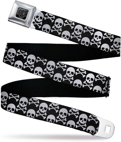Buckle-Down Belt, Seatbelt Buckle Belt, Skull Cross Bones Staggered Black White, Adjustable in Kuwait