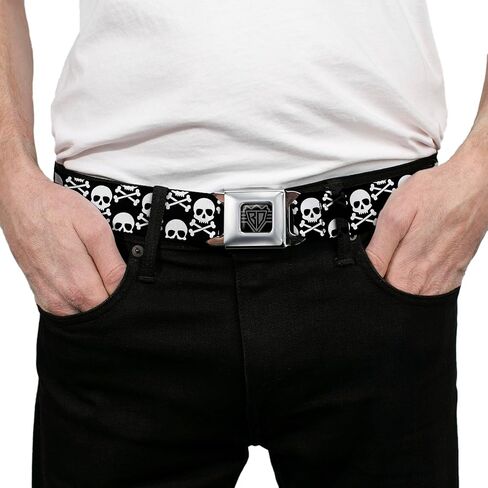 Buckle-Down Belt, Seatbelt Buckle Belt, Skull Cross Bones Staggered Black White, Adjustable in Kuwait