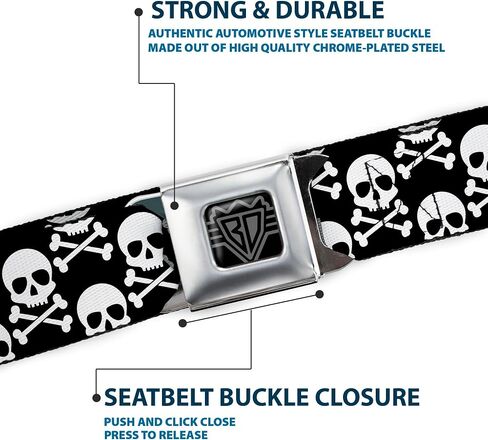Buckle-Down Belt, Seatbelt Buckle Belt, Skull Cross Bones Staggered Black White, Adjustable in Kuwait