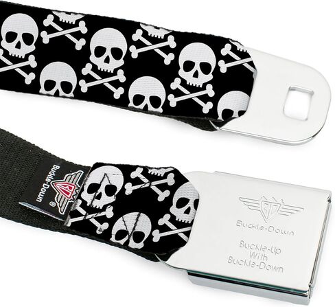 Buckle-Down Belt, Seatbelt Buckle Belt, Skull Cross Bones Staggered Black White, Adjustable in Kuwait