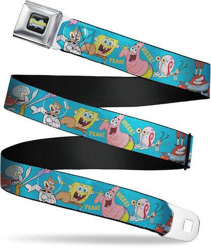 SpongeBob SquarePants Belt, Seatbelt Buckle Belt, Spongebob and Five Friends Poses Blue, Adjustable in Kuwait