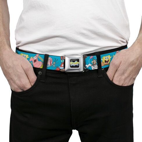 SpongeBob SquarePants Belt, Seatbelt Buckle Belt, Spongebob and Five Friends Poses Blue, Adjustable in Kuwait
