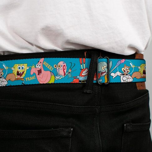SpongeBob SquarePants Belt, Seatbelt Buckle Belt, Spongebob and Five Friends Poses Blue, Adjustable in Kuwait