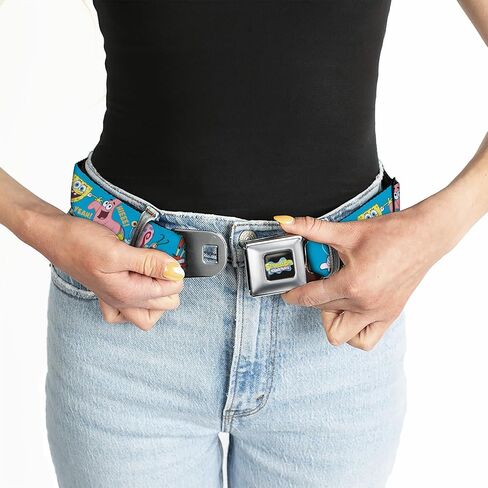 SpongeBob SquarePants Belt, Seatbelt Buckle Belt, Spongebob and Five Friends Poses Blue, Adjustable in Kuwait