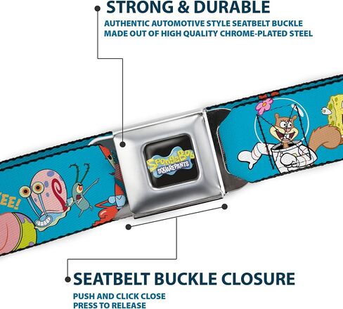 SpongeBob SquarePants Belt, Seatbelt Buckle Belt, Spongebob and Five Friends Poses Blue, Adjustable in Kuwait