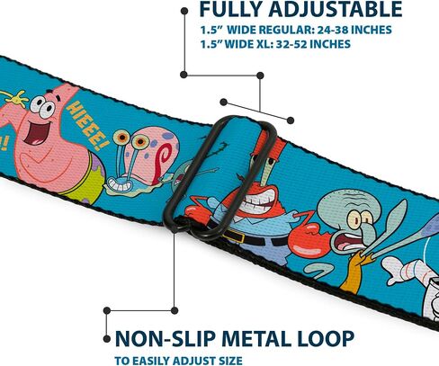 SpongeBob SquarePants Belt, Seatbelt Buckle Belt, Spongebob and Five Friends Poses Blue, Adjustable in Kuwait