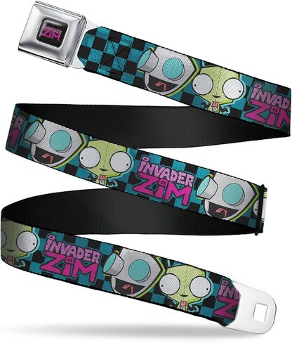 Invader Zim Belt, Seatbelt Buckle Belt, Invader Zim GIR Poses and Title Logo Checker Blue Black, Adjustable in Kuwait