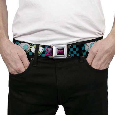 Invader Zim Belt, Seatbelt Buckle Belt, Invader Zim GIR Poses and Title Logo Checker Blue Black, Adjustable in Kuwait