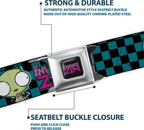 Invader Zim Belt, Seatbelt Buckle Belt, Invader Zim GIR Poses and Title Logo Checker Blue Black, Adjustable in Kuwait