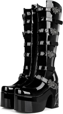 SEIFIN Women's Gothic Lolita Boots Platform Open Front Knee High Chunky Wedge Heels Y2K Buckle Strap Patent Leather Motorcycle Combat Boots in Kuwait