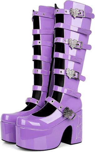 SEIFIN Women's Gothic Lolita Boots Platform Open Front Knee High Chunky Wedge Heels Y2K Buckle Strap Patent Leather Motorcycle Combat Boots in Saudi Arabia