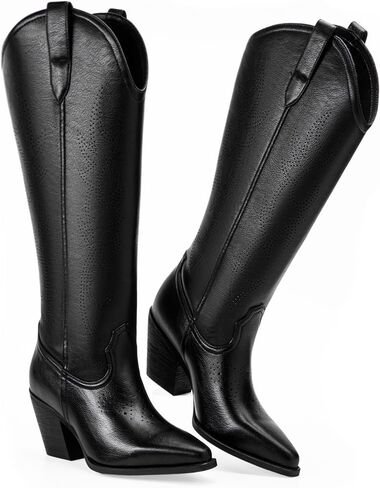 Cowboy Boots for Women - Thin Knee High Boots Women Cutouts & Breathable Slip On Pointed Toe Chunky Heel Lightweight Faux Leather Pull On Boots for Ladies in Saudi Arabia