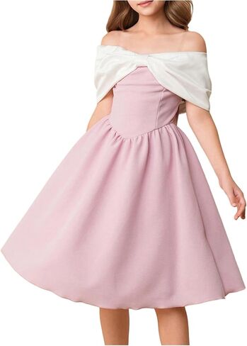 Floerns Girl's Elegant Bow Off The Shoulder Dress Colorblock Formal Birthday A Line Dresses in Kuwait