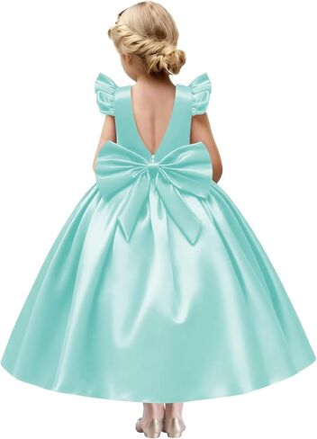 Satin Flower Girl Dresses for Wedding Flutter Sleeve Pageant Dresses for Girls Formal Dress with Bow in Saudi Arabia