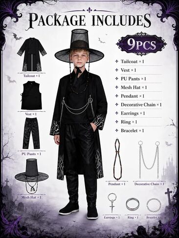 9Pcs Cosplay Costume Set Boys Black Anime Costumes with Hat for Halloween Party Stage Performance Outfits in Saudi Arabia