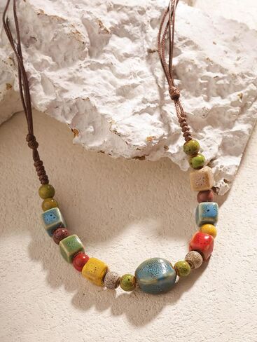 MINACHI Boho Multicolor Ceramic Bead Strand Necklace for Women, Vintage Bohemian Hippie Summer Jewelry Gift (MD0102) in Kuwait