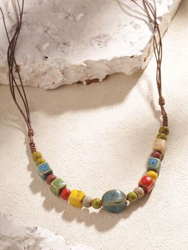 MINACHI Boho Multicolor Ceramic Bead Strand Necklace for Women, Vintage Bohemian Hippie Summer Jewelry Gift (MD0102) in Kuwait