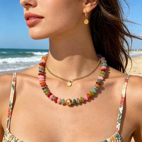 Colorful Chunky Beaded Necklace for Women Unique Resin Beads Choker Necklaces Boho Statement Necklace Summer Vacation Jewelry in Saudi Arabia